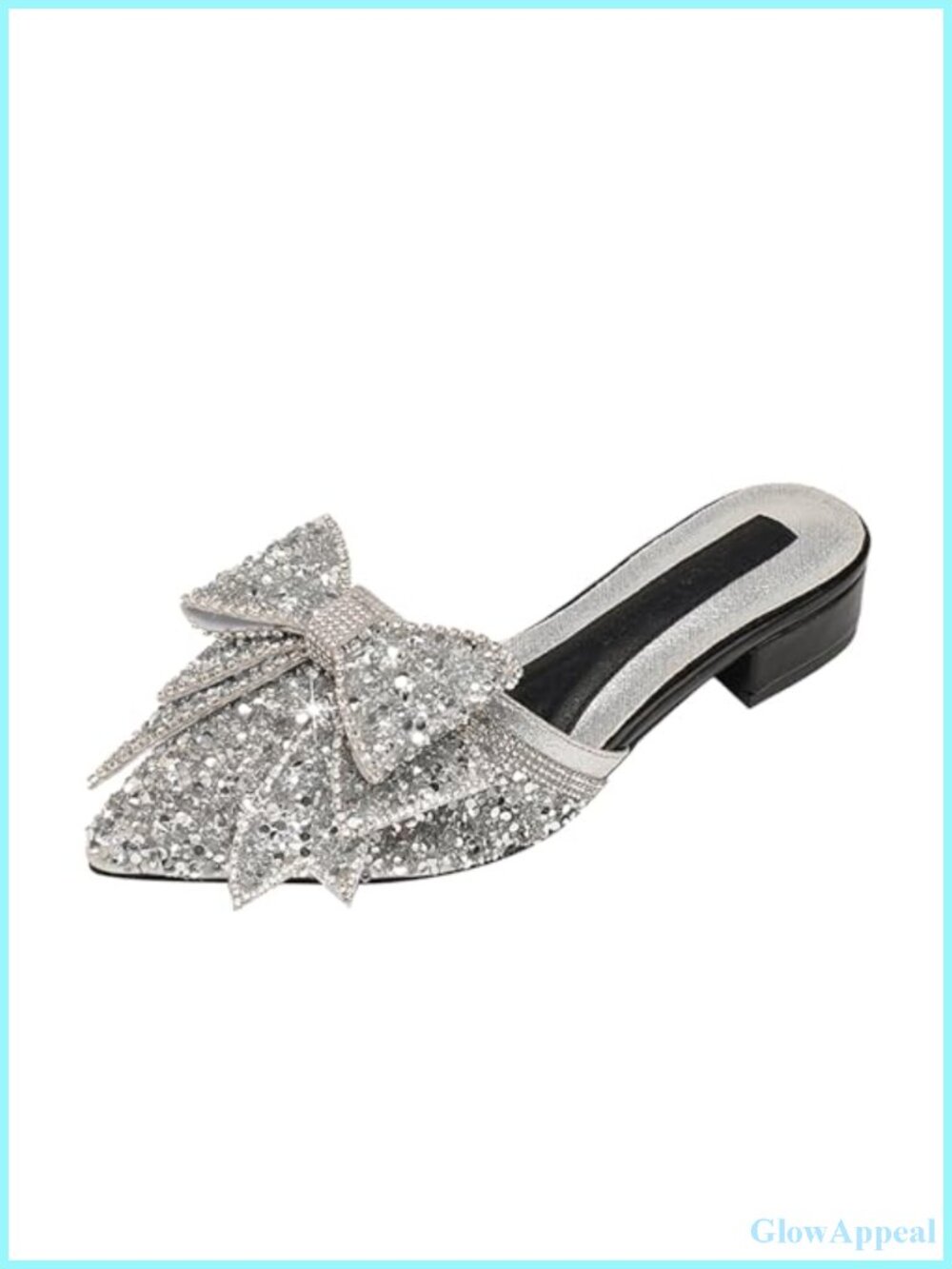 Women's Bow Rhinestone Glitter Low Heels Mules Closed Pointed Toe Slip On Block